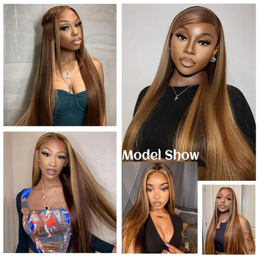 【30 Inch Only $99】Highlight Ombre Lace Front Wig Human Hair 30 Inch 13X6 Straight/Body Wave/Deep Wave Highlight Wig Human Hair 180% Density 4/27 Colored Honey Blonde HD Lace Frontal Wigs for Women Glueless Pre Plucked with Baby Hair