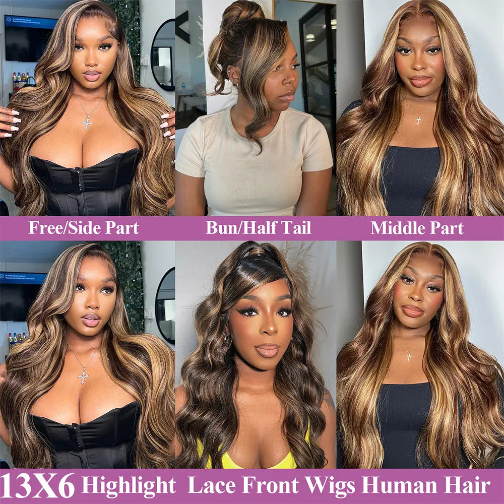 【30 Inch Only $99】Highlight Ombre Lace Front Wig Human Hair 30 Inch 13X6 Straight/Body Wave/Deep Wave Highlight Wig Human Hair 180% Density 4/27 Colored Honey Blonde HD Lace Frontal Wigs for Women Glueless Pre Plucked with Baby Hair