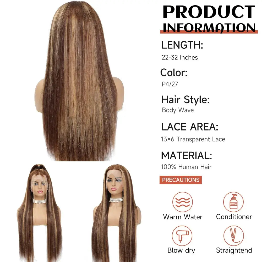 【30 Inch Only $99】Highlight Ombre Lace Front Wig Human Hair 30 Inch 13X6 Straight/Body Wave/Deep Wave Highlight Wig Human Hair 180% Density 4/27 Colored Honey Blonde HD Lace Frontal Wigs for Women Glueless Pre Plucked with Baby Hair