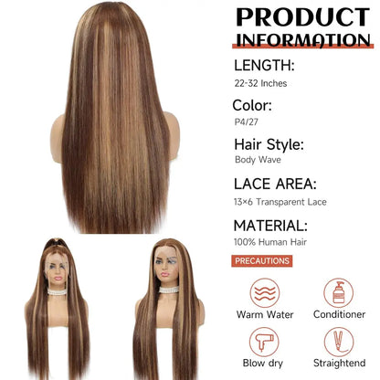 【30 Inch Only $99】Highlight Ombre Lace Front Wig Human Hair 30 Inch 13X6 Straight/Body Wave/Deep Wave Highlight Wig Human Hair 180% Density 4/27 Colored Honey Blonde HD Lace Frontal Wigs for Women Glueless Pre Plucked with Baby Hair