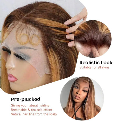 【30 Inch Only $99】Highlight Ombre Lace Front Wig Human Hair 30 Inch 13X6 Straight/Body Wave/Deep Wave Highlight Wig Human Hair 180% Density 4/27 Colored Honey Blonde HD Lace Frontal Wigs for Women Glueless Pre Plucked with Baby Hair